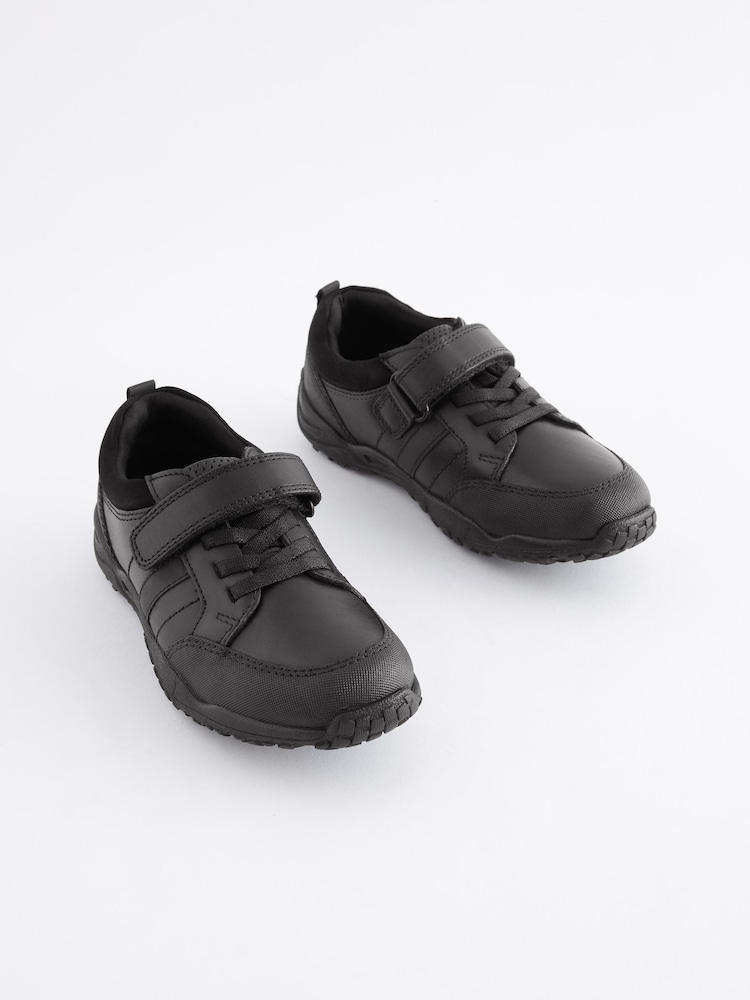 Black Narrow Fit (E) School Leather Elastic Lace Shoes - Image 2 of 8