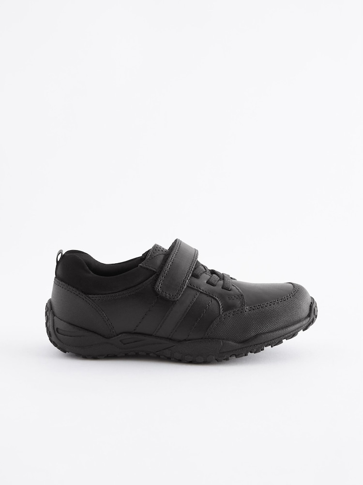 Black Narrow Fit (E) School Leather Elastic Lace Shoes - Image 3 of 7