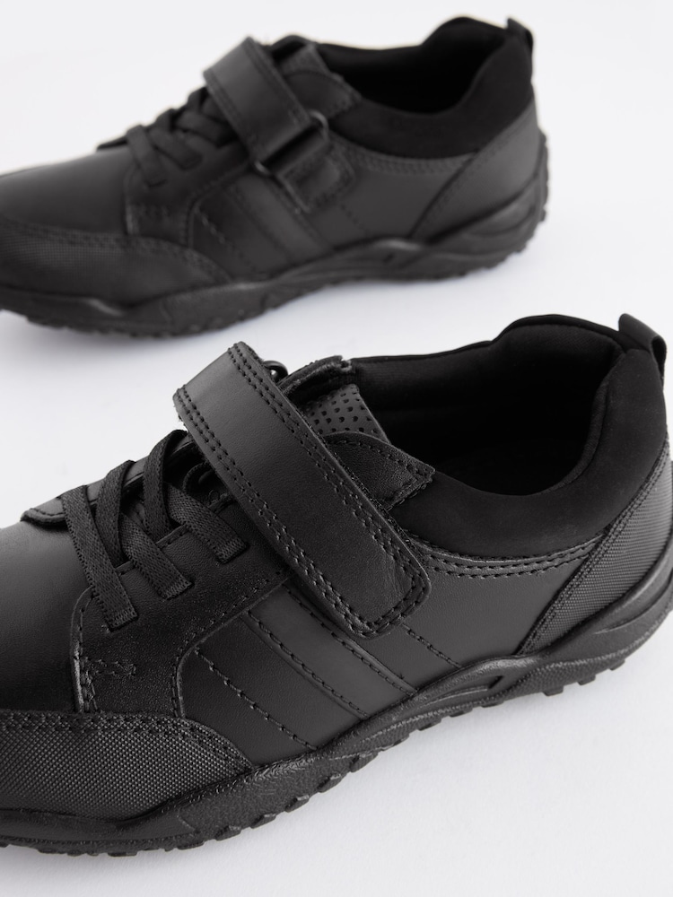 Black Narrow Fit (E) School Leather Elastic Lace Shoes - Image 5 of 7