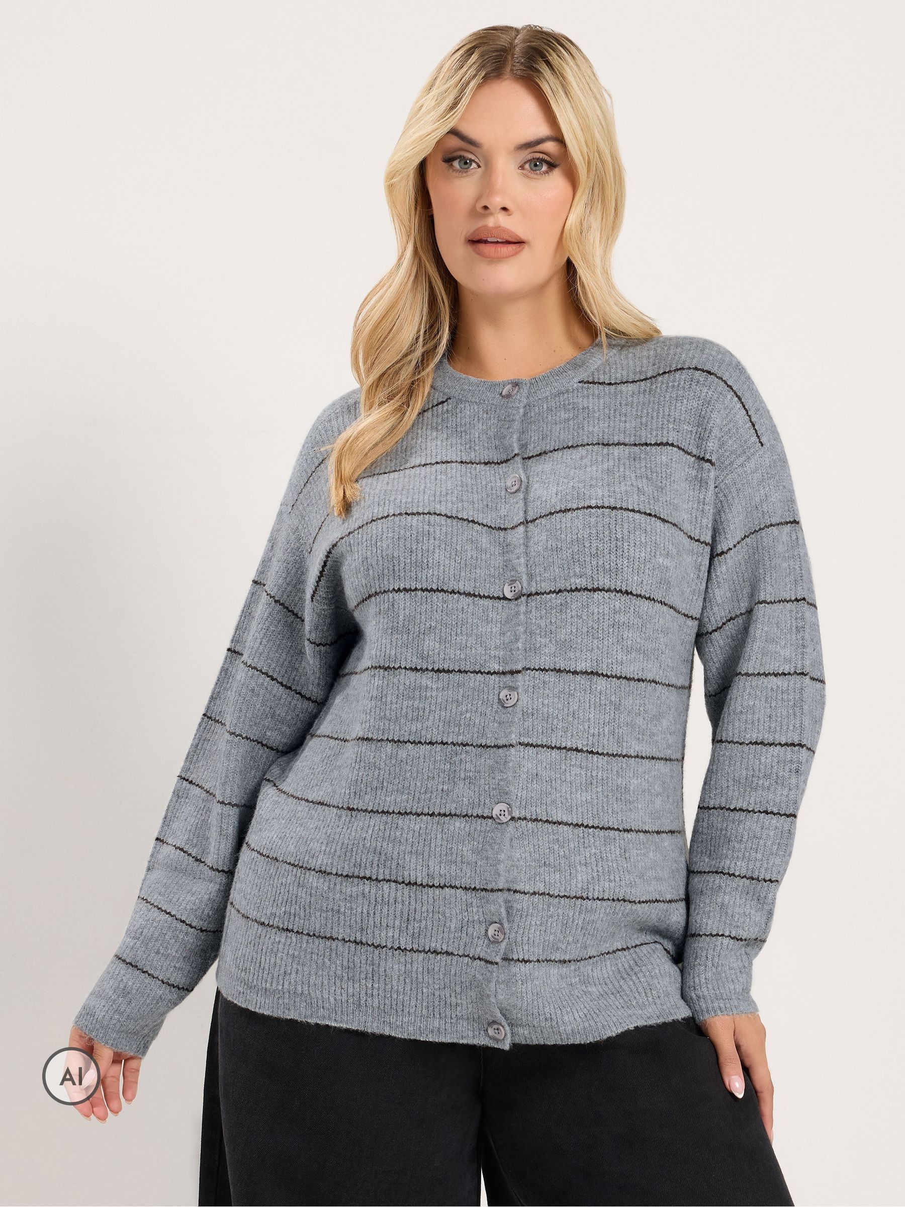 Yours Women's Grey Striped Knitted Cardigan Sweater In | : 18/20 - Image 2