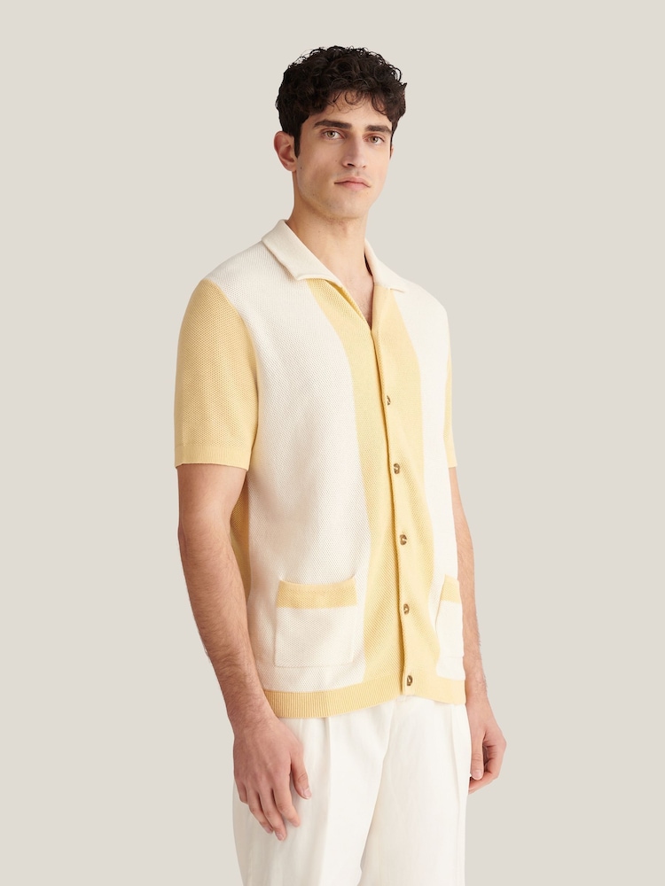 Peckham Rye Yellow Open Stitch Panel Short Sleeves Revere Shirt - Image 1 of 9 Peckham Rye Yellow Open Stitch Panel Short Sleeves Revere Shirt - Image 1 of 9