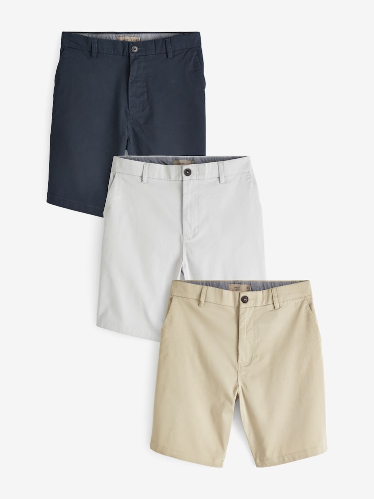 Navy Blue/Grey/Stone Slim Fit Stretch Chinos Shorts 3 Pack - Image 1 of 12 Navy Blue/Grey/Stone Slim Fit Stretch Chinos Shorts 3 Pack - Image 1 of 12
