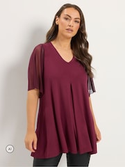 Yours Curve Red Angel Sleeve Pleated Swing Top - Image 1 of 6