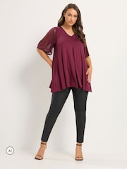 Yours Curve Red Angel Sleeve Pleated Swing Top - Image 2 of 6