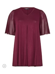 Yours Curve Red Angel Sleeve Pleated Swing Top - Image 5 of 6