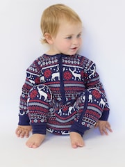 The Little Tailor Blue Cotton Reindeer Fairisle Pattern Christmas Onesie - Image 2 of 7