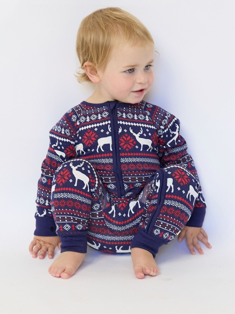 The Little Tailor Blue Cotton Reindeer Fairisle Pattern Christmas Onesie - Image 2 of 7 The Little Tailor Blue Cotton Reindeer Fairisle Pattern Christmas Onesie - Image 2 of 7