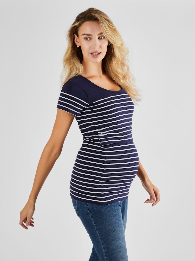 JoJo Maman Bébé Navy White Stripe Breton Stripe Nursing T-Shirt - Image 1 of 5