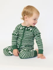 The Little Tailor Green Cotton Reindeer Fairisle Pattern Christmas Onesie - Image 1 of 7