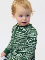The Little Tailor Green Cotton Reindeer Fairisle Pattern Christmas Onesie - Image 2 of 7