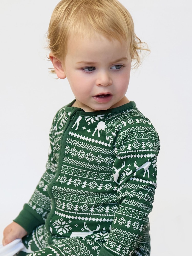 The Little Tailor Green Cotton Reindeer Fairisle Pattern Christmas Onesie - Image 2 of 7 The Little Tailor Green Cotton Reindeer Fairisle Pattern Christmas Onesie - Image 2 of 7