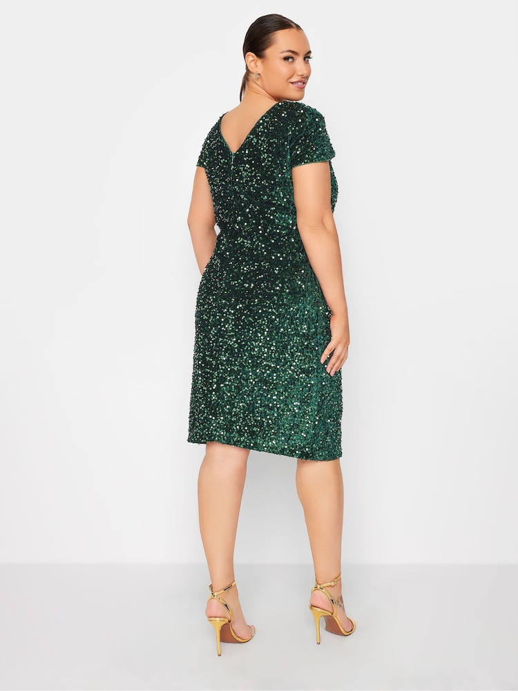 Yours Curve Green London Sequin Velvet Shift Dress - Image 2 of 4 Yours Curve Green London Sequin Velvet Shift Dress - Image 2 of 4