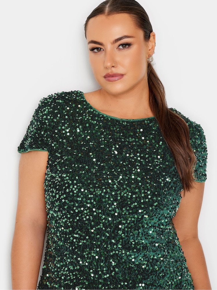 Yours Curve Green London Sequin Velvet Shift Dress - Image 4 of 4 Yours Curve Green London Sequin Velvet Shift Dress - Image 4 of 4