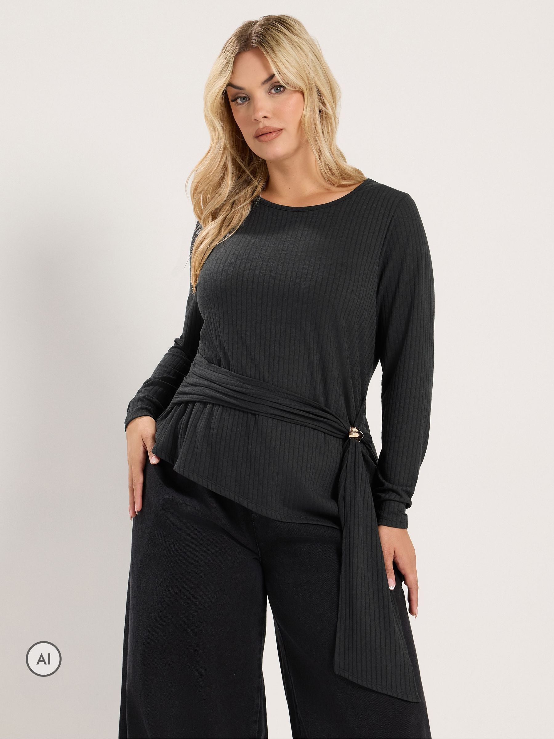 Yours Women's Black Curve Tie Waist Ribbed Top - Image 7