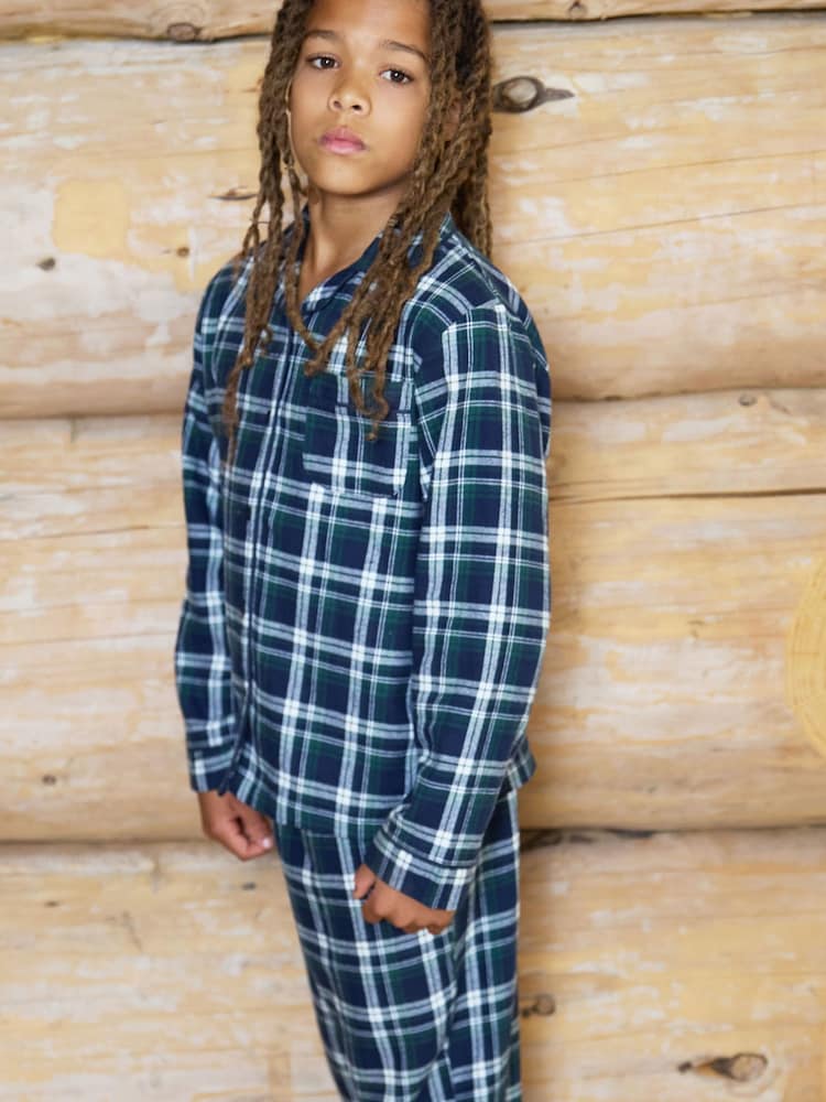 The Little Tailor Blue Checked Flannel Button Through Christmas Pyjamas - Image 2 of 6 The Little Tailor Blue Checked Flannel Button Through Christmas Pyjamas - Image 2 of 6