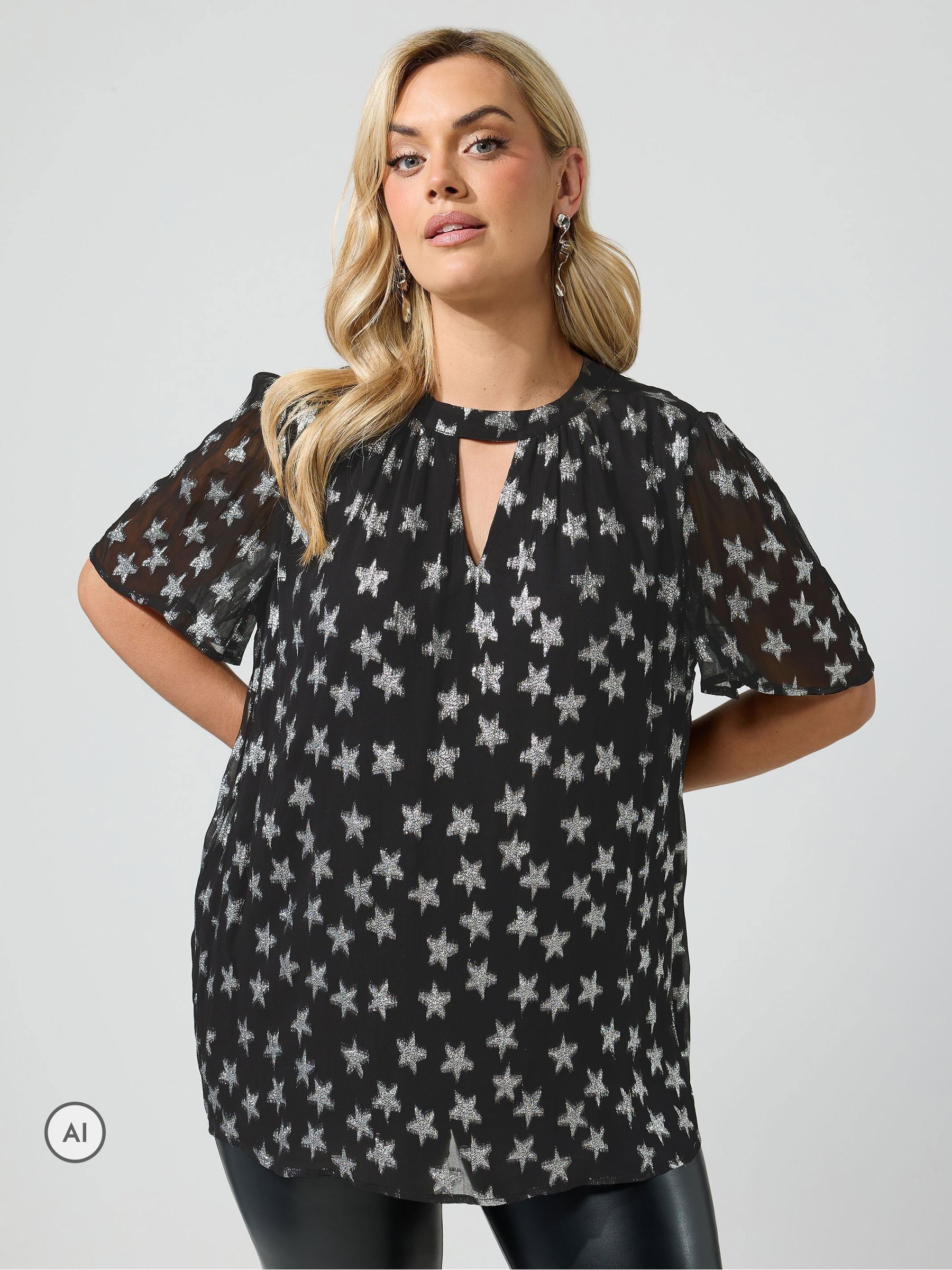 Yours Curve Women's Black London Metallic Star Keyhole Blouse - Image 1
