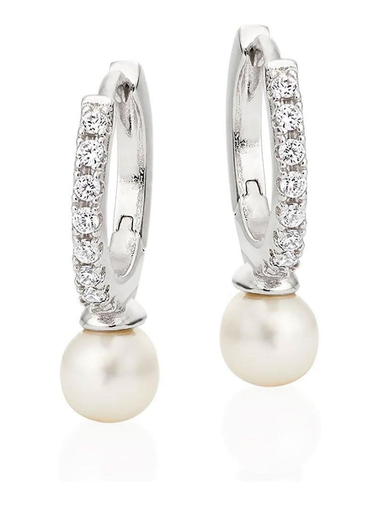 Beaverbrooks Sterling Silver Cubic Zirconia Freshwater Pearl Hoop Earrings - Image 1 of 3