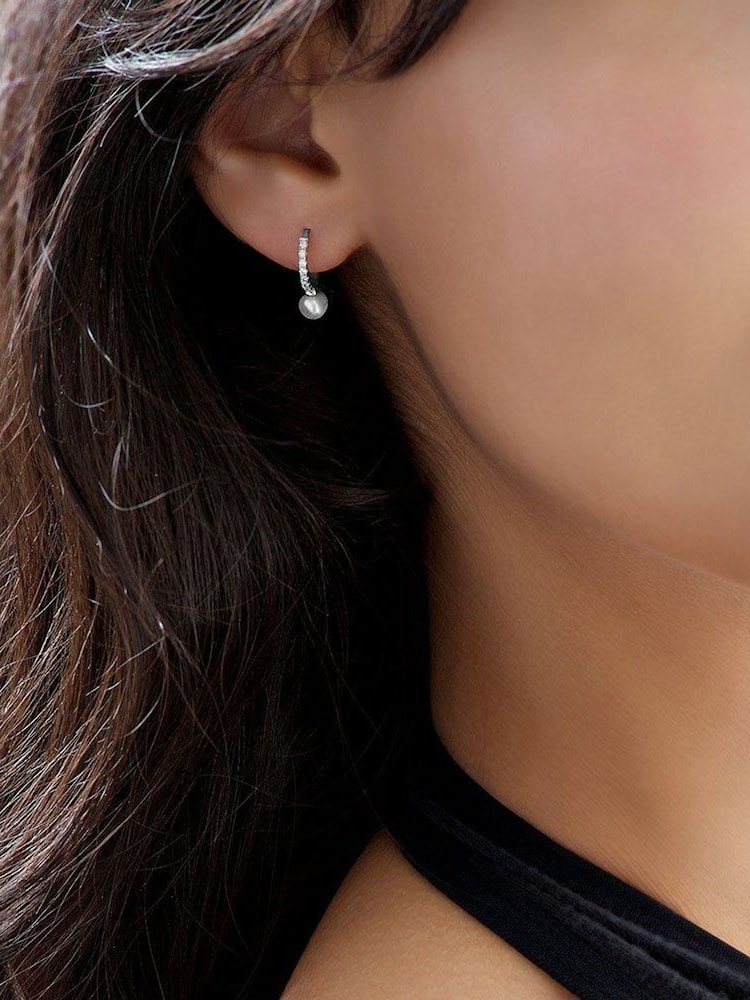Beaverbrooks Sterling Silver Cubic Zirconia Freshwater Pearl Hoop Earrings - Image 2 of 3