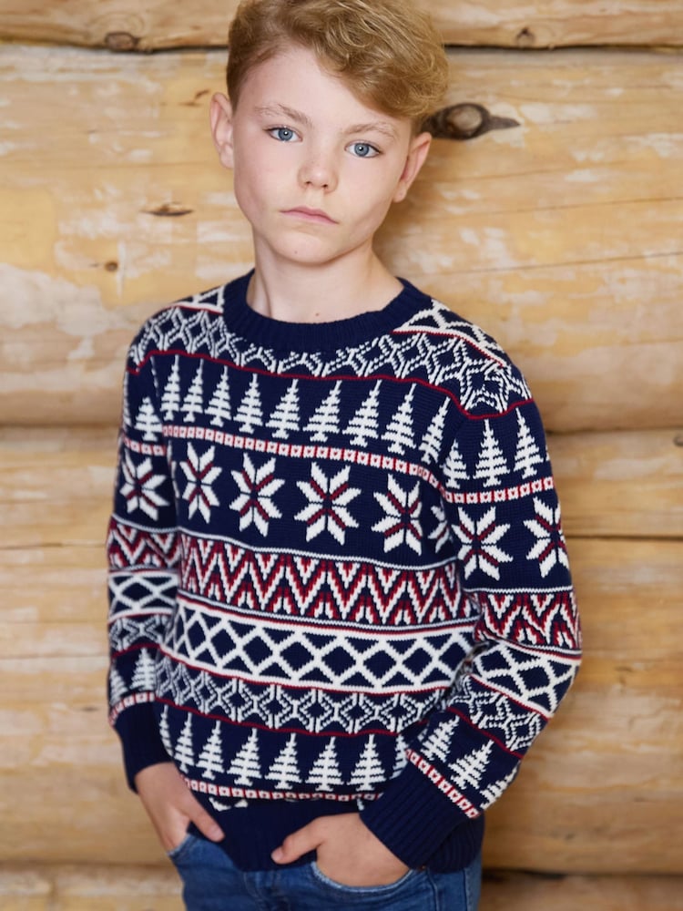 The Little Tailor Blue Cotton Winter Fairisle Christmas Jumper - Image 1 of 3 The Little Tailor Blue Cotton Winter Fairisle Christmas Jumper - Image 1 of 3