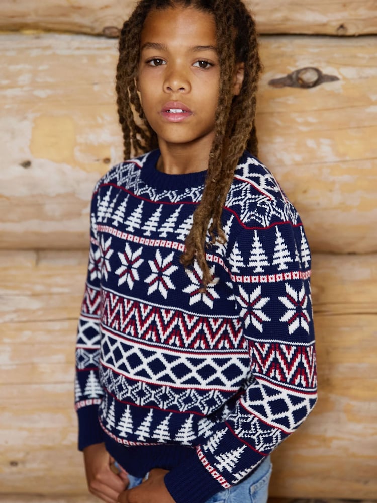 The Little Tailor Blue Cotton Winter Fairisle Christmas Jumper - Image 2 of 3 The Little Tailor Blue Cotton Winter Fairisle Christmas Jumper - Image 2 of 3
