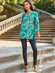 Sosandar Green Chain Print Lace Front Longline Tunic Top - Image 1 of 5