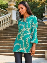 Sosandar Green Chain Print Lace Front Longline Tunic Top - Image 2 of 5