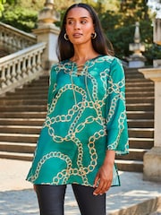 Sosandar Green Chain Print Lace Front Longline Tunic Top - Image 3 of 5