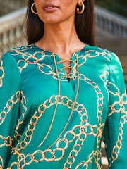 Sosandar Green Chain Print Lace Front Longline Tunic Top - Image 4 of 5