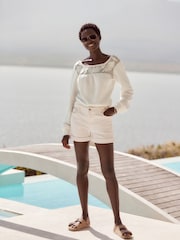 Ecru White Lace Mesh Insert Square Neck Long Sleeve Top - Image 2 of 5