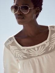 Ecru White Lace Mesh Insert Square Neck Long Sleeve Top - Image 4 of 5