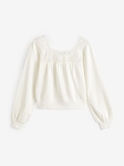 Ecru White Lace Mesh Insert Square Neck Long Sleeve Top - Image 5 of 5