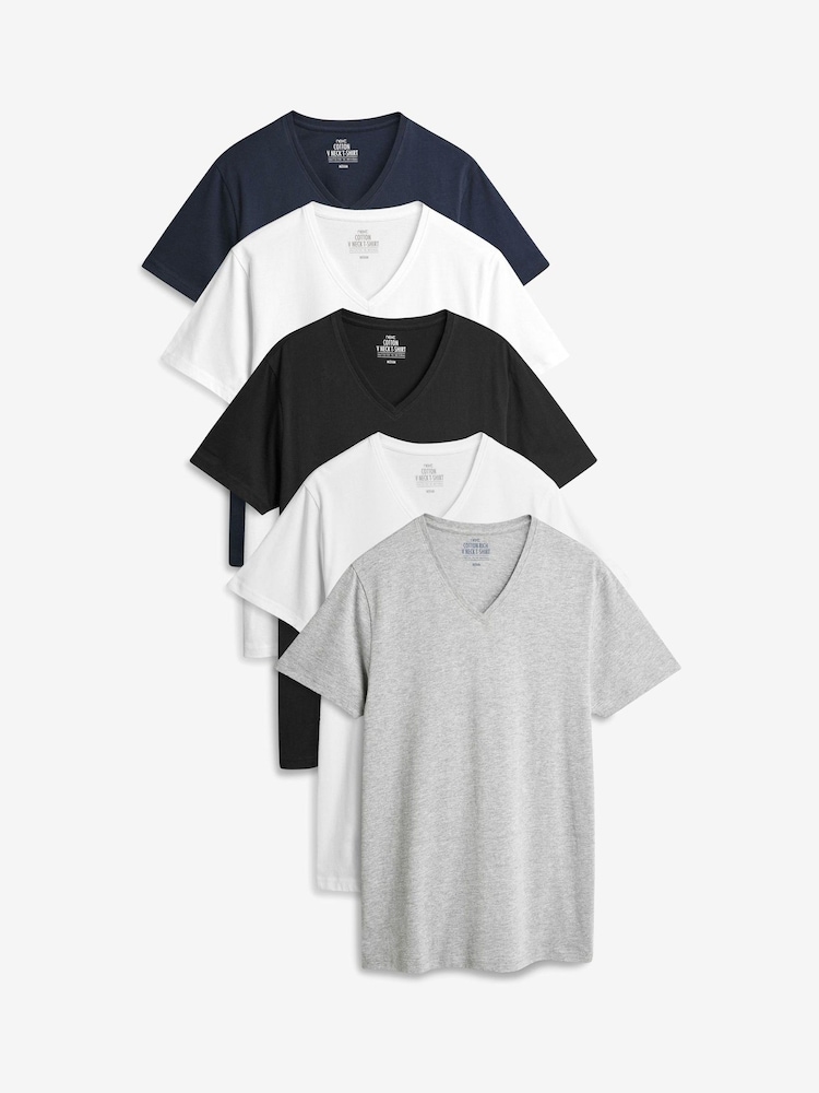 Mixed Regular Fit 100% Cotton V-Neck Underwear T-Shirts 5 Pack - Image 1 of 12
