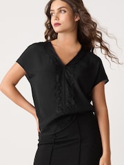 Black Short Sleeve Lace Trim Top - Image 1 of 6