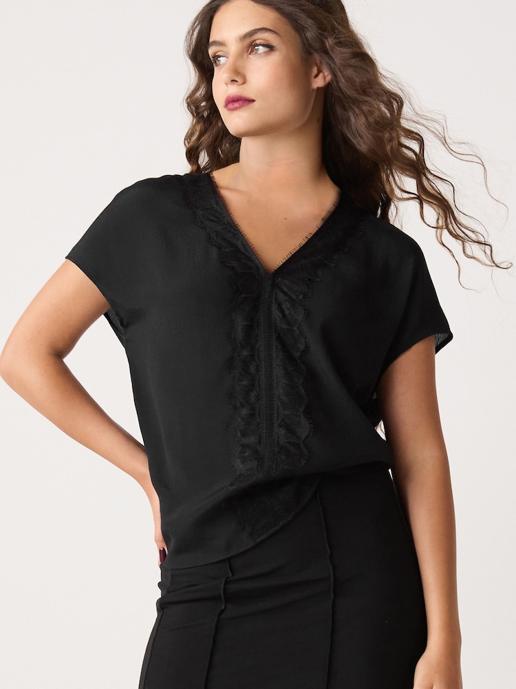 Black Short Sleeve Lace Trim Top - Image 1 of 6 Black Short Sleeve Lace Trim Top - Image 1 of 6