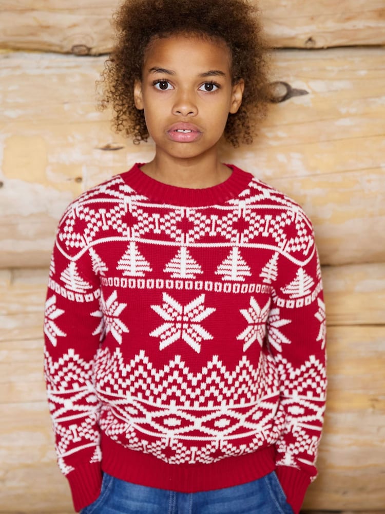 The Little Tailor Red Cotton Winter Fairisle Christmas Jumper - Image 1 of 7 The Little Tailor Red Cotton Winter Fairisle Christmas Jumper - Image 1 of 7