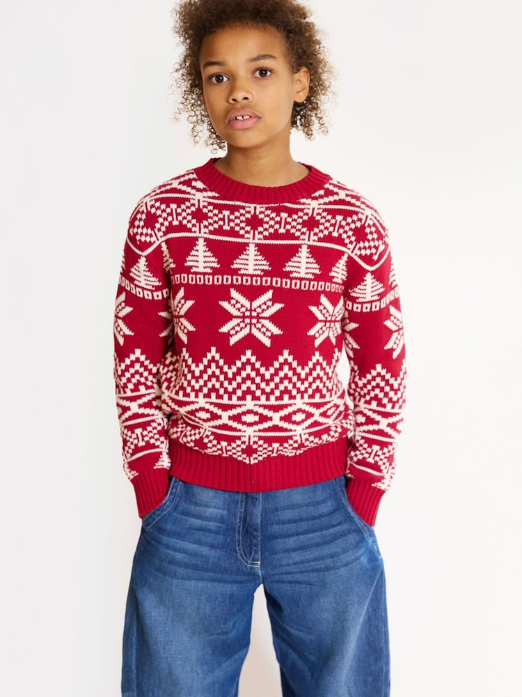 The Little Tailor Red Cotton Winter Fairisle Christmas Jumper - Image 2 of 7 The Little Tailor Red Cotton Winter Fairisle Christmas Jumper - Image 2 of 7