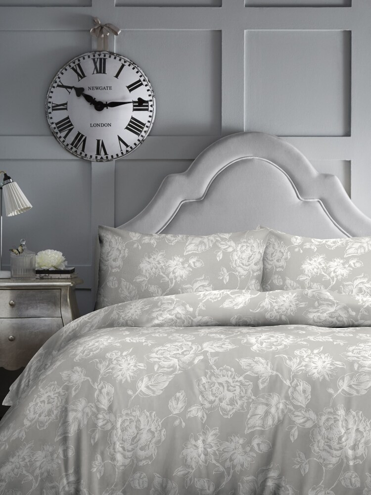 Dreams & Drapes Grey Mishka Vintage Floral Duvet Cover and Pillowcase Set - Image 1 of 4