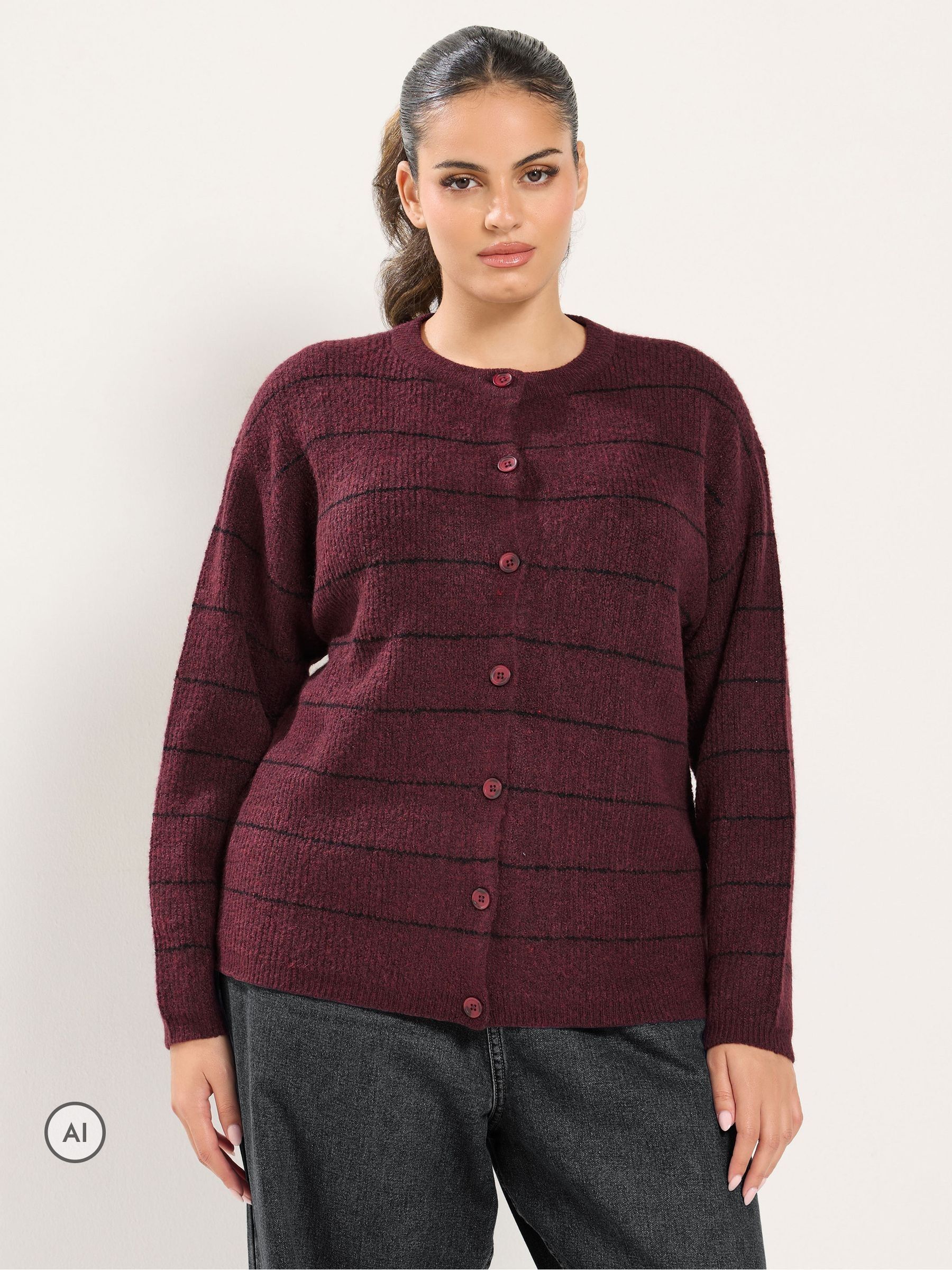 Yours Women's Burgundy Striped Knitted Cardigan In | Size: 26/28 - Image 2