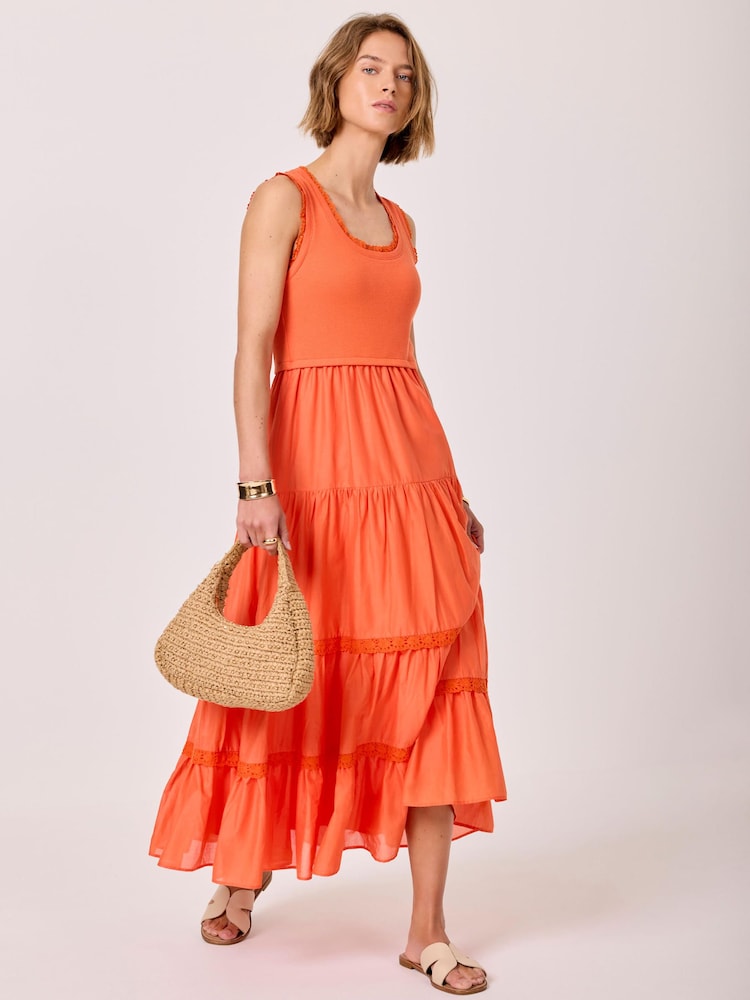 Mint Velvet Orange Crochet Trim Tiered Midi Dress - Image 1 of 8