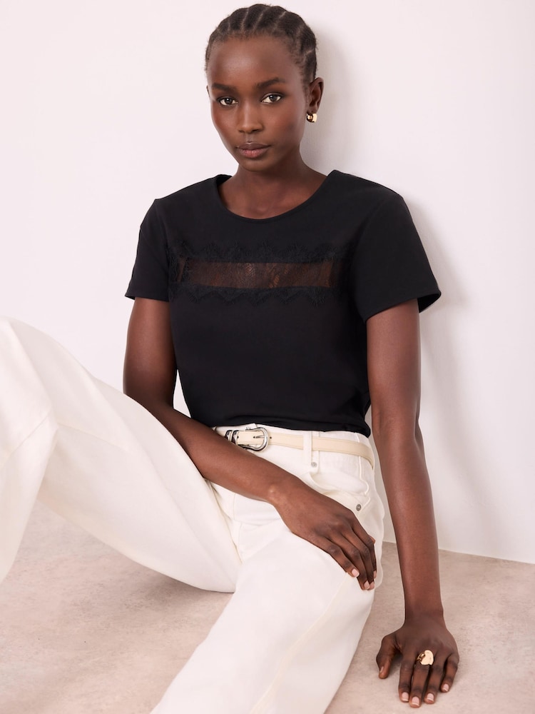 Mint Velvet Black Lace Trim T-Shirt - Image 2 of 7 Mint Velvet Black Lace Trim T-Shirt - Image 2 of 7