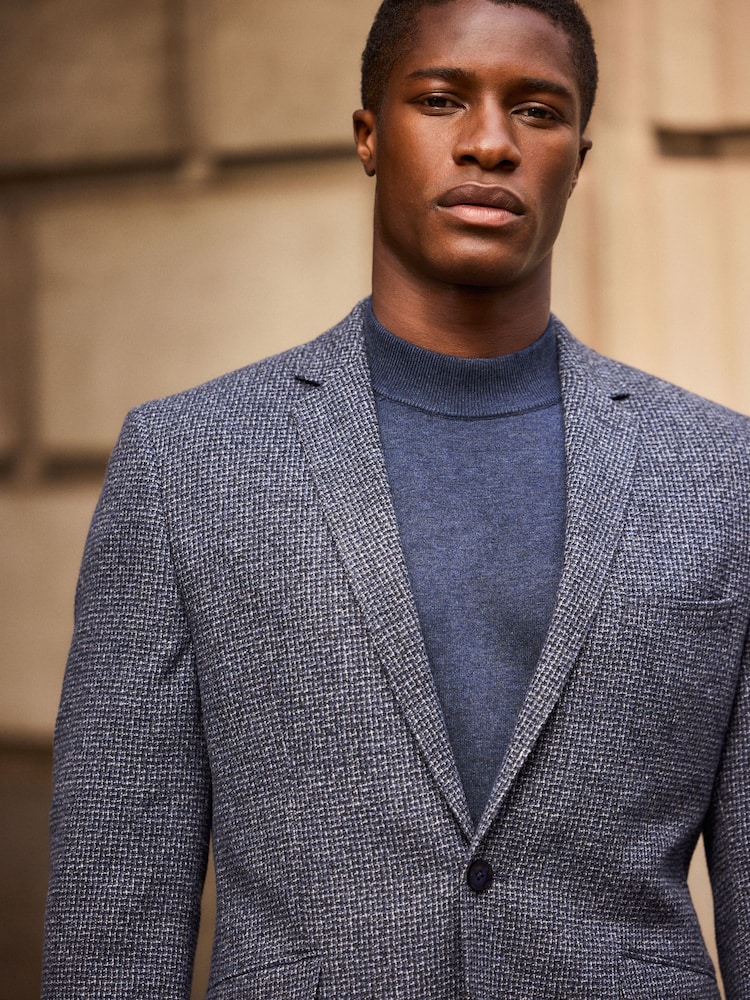 Navy Blue Brushed Check Blazer With Wool - Image 1 of 13