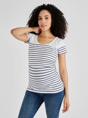 JoJo Maman Bébé White Navy Stripe Breton Stripe Nursing T-Shirt - Image 1 of 5