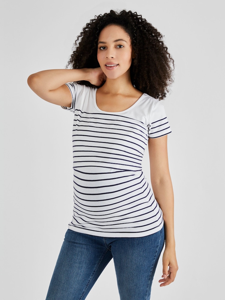 JoJo Maman Bébé White Navy Stripe Breton Stripe Nursing T-Shirt - Image 1 of 5