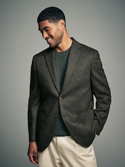 Khaki Green Regular Fit Wool Rich Herringbone Blazer - Image 1 of 9