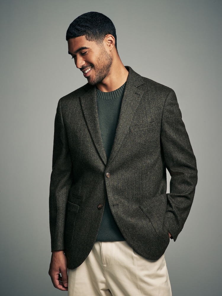 Khaki Green Regular Fit Wool Rich Herringbone Blazer - Image 1 of 9
