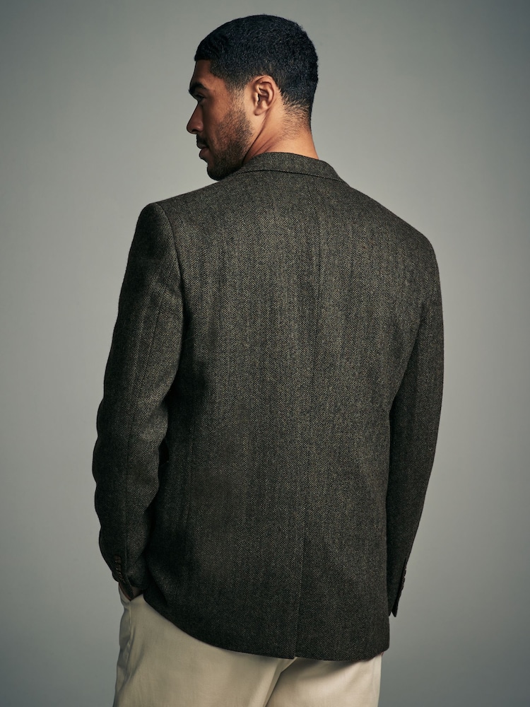 Khaki Green Regular Fit Wool Rich Herringbone Blazer - Image 2 of 9