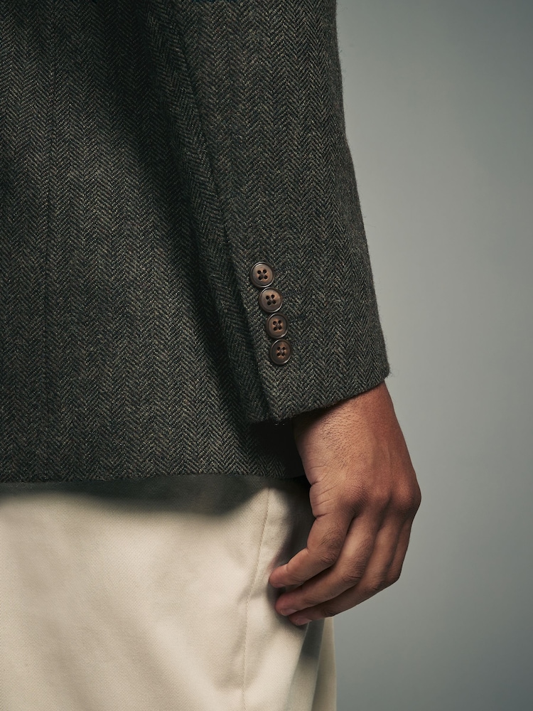 Khaki Green Regular Fit Wool Rich Herringbone Blazer - Image 3 of 9