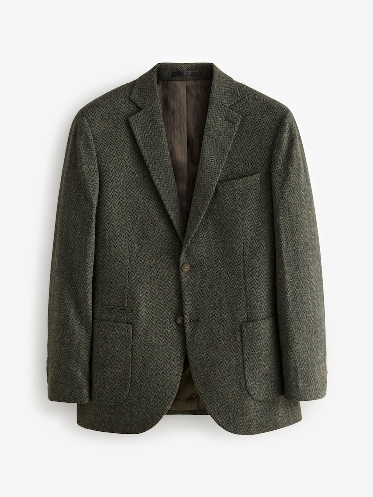 Khaki Green Regular Fit Wool Rich Herringbone Blazer - Image 4 of 9