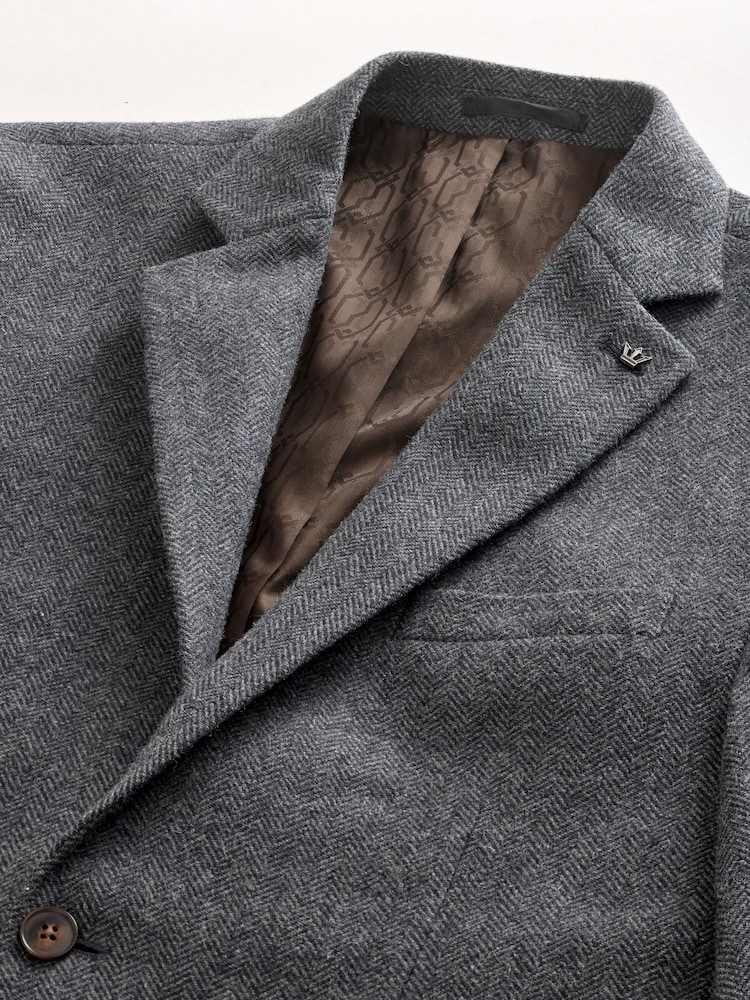 Grey Regular Fit Wool Rich Herringbone Blazer - Image 13 of 13