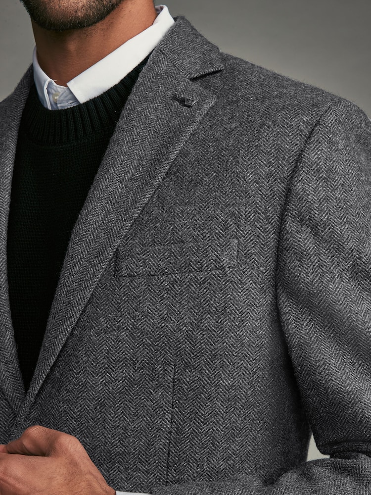 Charcoal Grey Regular Fit Wool Rich Herringbone Blazer - Image 3 of 13